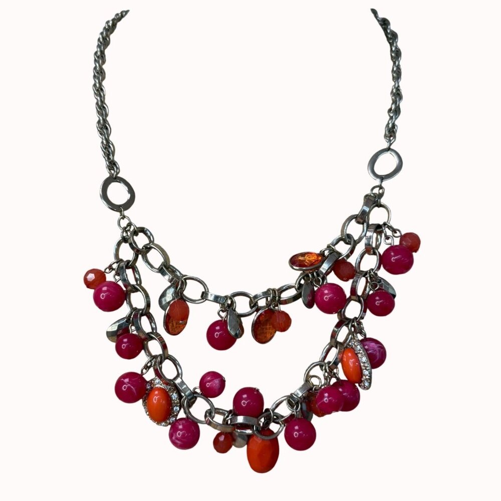 Ann Taylor Statement Necklace With Red & Orange‎ Bead Charms Adjustable Length